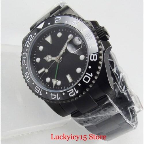Nologo Black PVD Plated Automatic Men Watch Sapphire Glass Green GMT Hand Ceramic Bezel Deployment Clasp Self Winding Movement