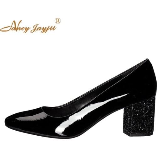 Woman Shoes Ladies Pumps Solid Patent Leather Bling Sweet Super High Square heel Slip-On Round Toe Fashion Mature Leisure 2019