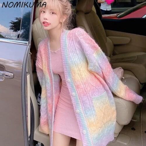 Nomikuma 2021 New Sweet Rainbow Knitted Caridgan Causal Long Sleeve Women Sweater Coat Autumn Winter Korean Open Stitch 6K821