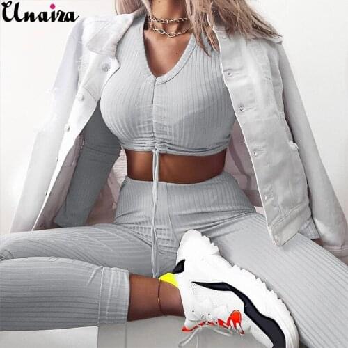 UNAIZA New Womens Suit 2021 New Fashion Sexy Nude Navel V-neck Tights Casual Trousers Knitted Spring And Autumn Sports Suit