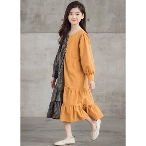 Girls Dress Spring Fall Teenage Girl Plaid Patchwork Cotton Long Sleeve Princess Dresses Children Dress 6 8 10 12 14 16Year