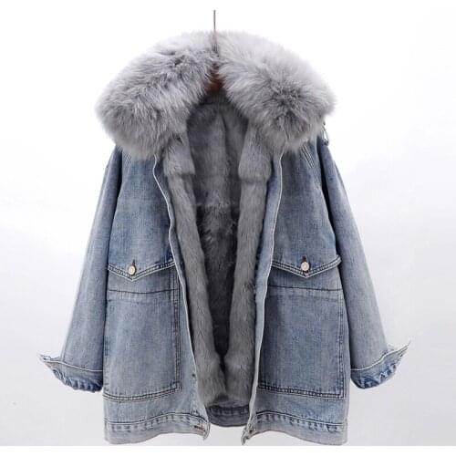 Removable Real Fox Fur Collar + Rabbit Fur Liner Denim Jacket Women Winter Loose Thick Warm Jeans Jackets Parka Female Outerwear