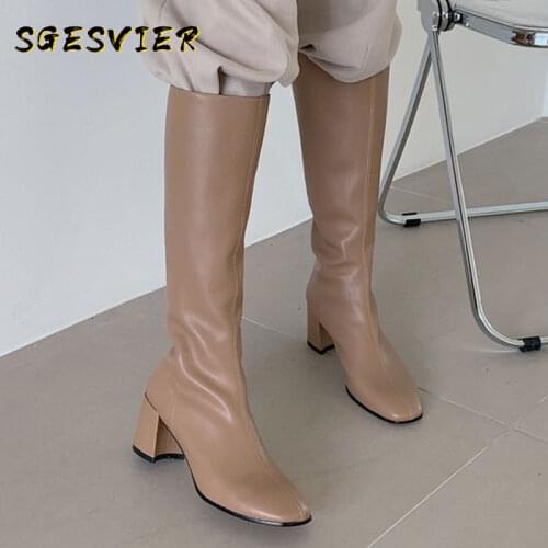 SGESVIER Fashion Slim Long Shoes Woman Back Zipper Round Toe Thick Heels Knee High Boots 2020 Winter Newest Party Basic Boots