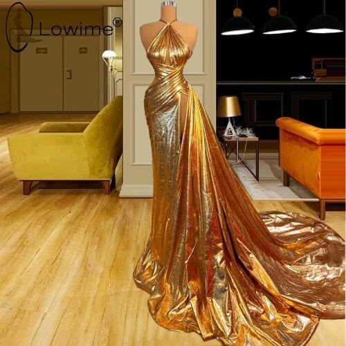 Sexy High Split Gold Mermaid Evening Dresses 2021 Arabic Halter Long Party Prom Gowns Robes Formale Vestidos De Fiesta