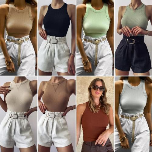Summer Women Tops & Tees Fashion Casual Sexy Female Tanks & Camis Spring Solid Color Round Neck Sleeveless C2573
