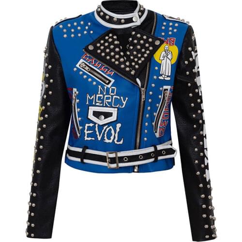Punk Style Faux Leather Short Jacket Women Graffiti Studded Rivet Fashion High Waist Motorcycle Jackets