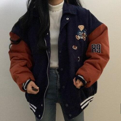 Preppy Style Teddy Bear Jacket Women Casual Thick Warm Corduroy Jacket Baseball Uniform Woman Winter Cute Cartoon Short Coats