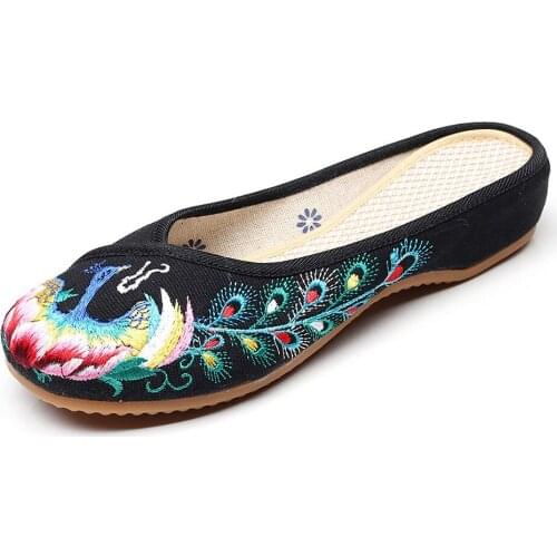 YourSeason Blooming Peacock Embroidery Ladies Summer Canvas Close Toe Flat Shoes Handmade Retro Women Comfort Mule Slippers