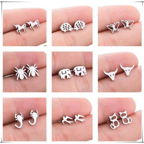 Jisensp Punk Animal Stainless Steel Earrings Fashion Cute Unicorn Kitty Butterfly Stud Earrings for Women Christmas Gift bijoux