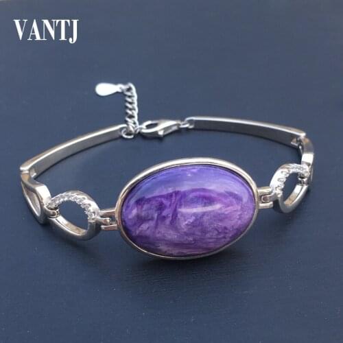 VANTJ Big Stone Natural Charoite Bracelet 925 Sterling Silver oval18*26mm Women and Lady Wedding Engagment Party Gift Box