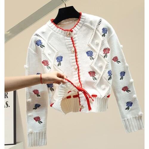 Autumn Winter Embroidered Flowers Womens Elegant Sweater 2021 Female Outerwear Jacket Feme Cardigan Tops