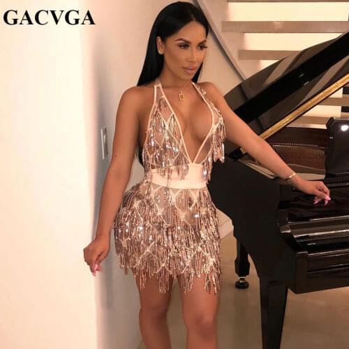 GACVGA 2020 Summer Sequin Backless Bandage Dress Women Sexy Nightclub Party Mini Dress Bodycon Black V Neck Dresses Vestidos