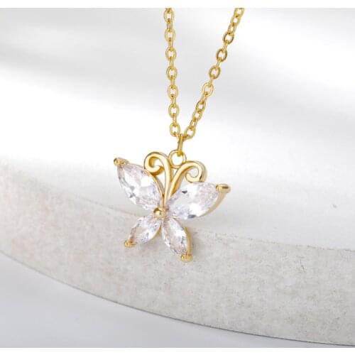 Zircon Crystal Butterfly Necklaces For Women Girls Rose Gold Silver Color Stainless Steel Chain Female Pendant Necklace Jewelry