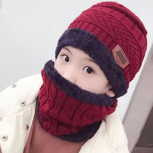 Winter Baby Knitted Hat Scarf Warm Children Kids Cap Beanies Circle Scarf Thicken Fleece Lining For 2-12 Years Boys Girls