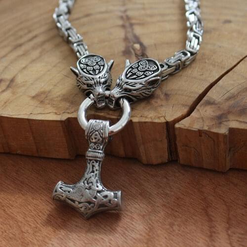 1pcs men stainless steel wolf head chain with Thors Hammer pendant viking rune necklace Thor Mjolnir Pendant norse jewelry