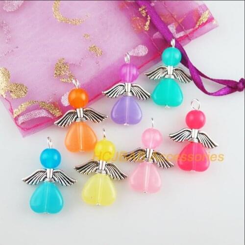14Pcs Tibetan Silver Tone Angel Mixed Jelly Acrylic Heart Charms Pendants 20.5x29mm