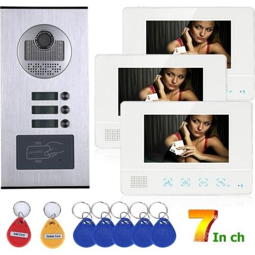 7 inch Color TFT LCD Apartment Video Intercom For 3 Rooms RFID Unlock Video Door Entry Phone Call System Visual Bell