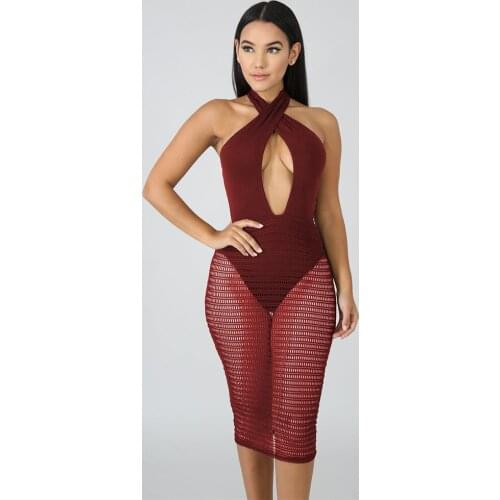 Fishnet Hollow Out Elegant Bandage Bodycon Dress Women Criss Cross Halter Backless Skinny Dresses Summer See Through Beach Robe