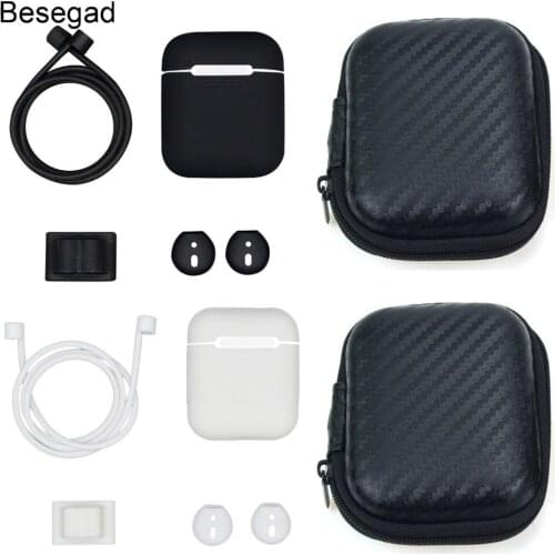 Besegad Wireless Earphones Case Cover Pouch Shell Sleeve+Watchband Holder+Anti-lost Strap+Eartips+Storage Bag for Apple AirPods