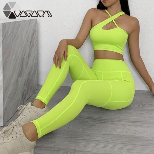 Seamless 2 Piece Set Yoga Suit Oblique Shoulder Bra Top Trousers Sports Fitness Shockproof Running Sportswear Workout Suits