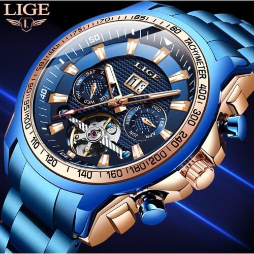 LIGE Men Automatic Tourbillon Watches Skeleton Mechanical Watch Sport Waterproof Automatic Watch Male Clock Relogio Masculino