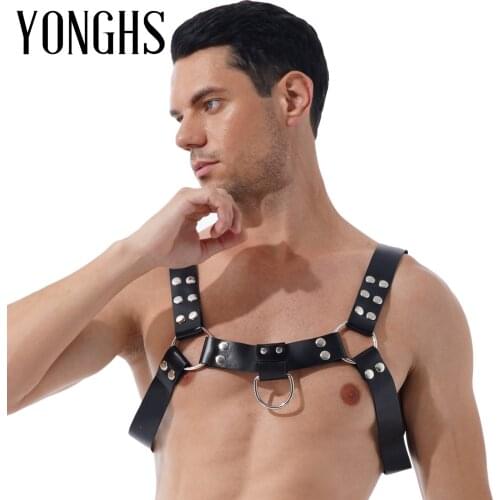 Black Mens Lingerie Body Chest Faux Leather Harness Belt Adjustable Straps Clubwear Stage Show Accessories for Halloween Cosplay