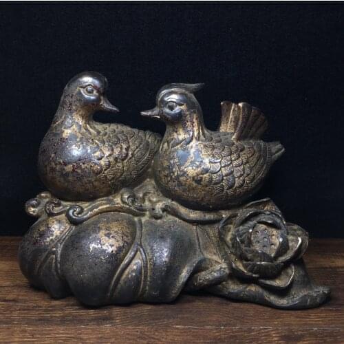 Home Decor 9"Tibet Buddhism Temple Old Bronze Cinnabars Mandarin Duck statue Aix galericulata Implication In pairs Loyal to love