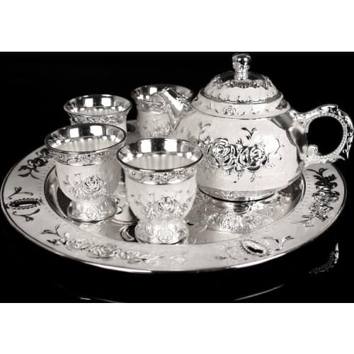 European Creative Exquisite Carving Tea Set Rose Kung Fu Zinc Alloy Teacup and Wine Cup with Tray Tea Pot and Cup Set