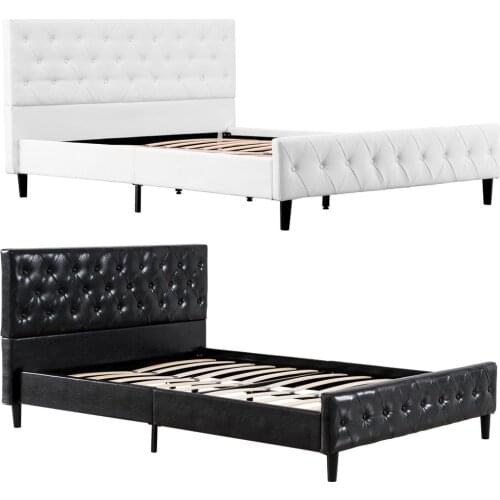 Bed Frame Modern Style Button Decoration PU Iron Bed White Full/Twin 2 Sizes Rugged Metal Structure Easy Assemble[US-Stock]
