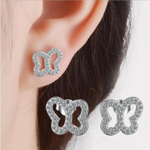KOFSAC Charm Sterling Silver 925 Stud Earring For Women Party Shiny Zircon Sweet Cute Hollow Butterfly Earring Fine Jewelry Gift