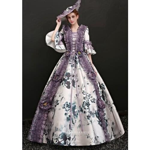 Ruffled lace printed venice carnival queen ball gown with hat princess medieval dress Renaissance Gown Victoria/Antoinette