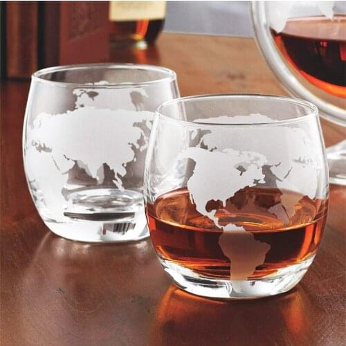 Set of 2 Lead Free Cocktail Glasses Globe World Map Whiskey Wine Glass Cup Hand Blown Coffee Cup