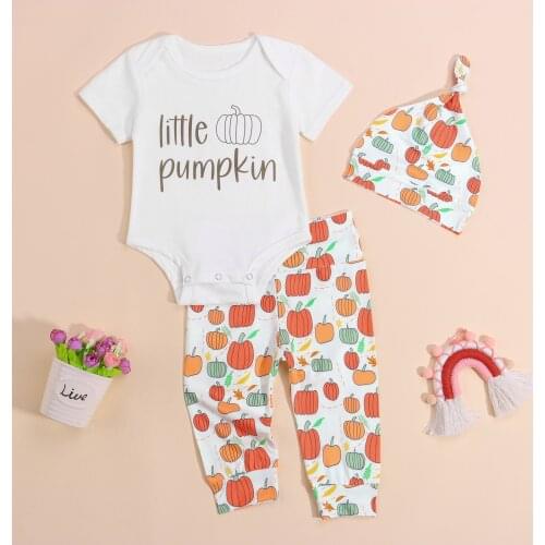 2021 Autumn Halloween Infant Baby Girls Pumpkin Print Clothes Set Boys Long Sleeve O-neck Romper+Trousers+ Hat Set