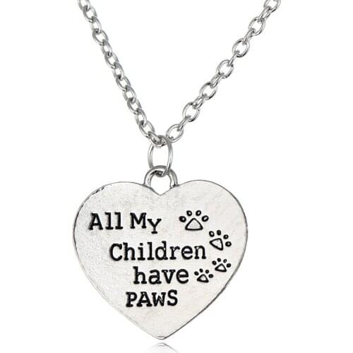 All My Children Have Paws Pendant Animal Footprint Heart Necklace Pet Lover Dog Paw Claw Silver Plated Jewelry For family Hot