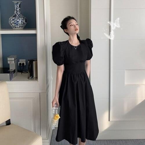 French dress Women summer 2021 new retro Hepburn style slim waist mid-length A-line long dresses female