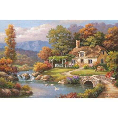 Handmade oil painting on canvas Cottage Stream Classic wall art landscape pictures home decoration