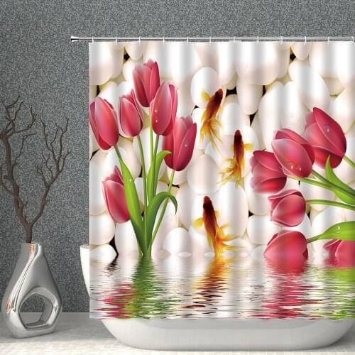 Flower Shower Curtain Tulip Pattern Plant Goldfish Animal Polyester Bathroom Curtains Waterproof Fabric Bath Decor Home Room Set