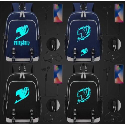 Blue Luminous Fashion Anime Cartoon Fairy Tail USB Boy Girl Book School bag Women Teenagers Men Laptop Backpack Packsack