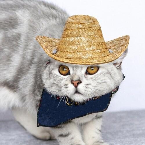 Cute Fashion Pet Woven Straw Hat Summer Cat Dog Sun Hat Pets Kitten Puppy Beach Party Clothes Accessories
