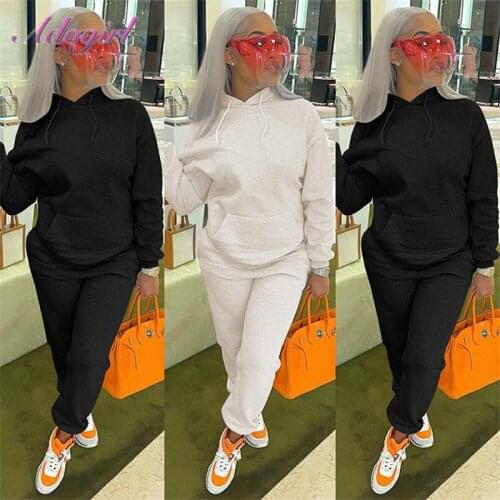 Fitness Autumn Outfit Warm Hooded 2Piece Set Women Solid Long Sleeve With Pocket Sweatshirt Sport Legging Pants Jogger Tracksuit