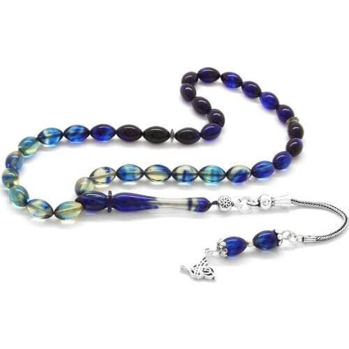 Tesbihane 925 Sterling Silver Tassels Wrist Size Cottage Blue Fire Amber Prayer Beads