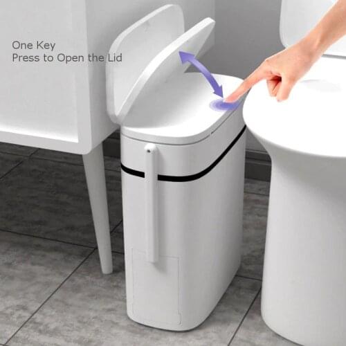 14L Smart Trash Can Bathroom Zero Waste Bin One Key Garbage Bin Trash Bag Holder in the Kitchen w/ Brush for Toilet Narrow Seam