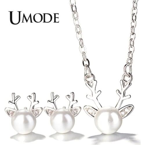 UMODE Cute White Pearl Deer Antlers Jewelry Set for Women Earring and Pendant Necklace White Gold Link Chain Set Jewelry AUS0057