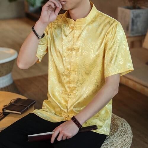 Chinese Dragon Cloud Printed Gold Satin Mandarin Stand Collar Tang Suits White Oriental Mens Clothing Large Sizes Vintage Blouse