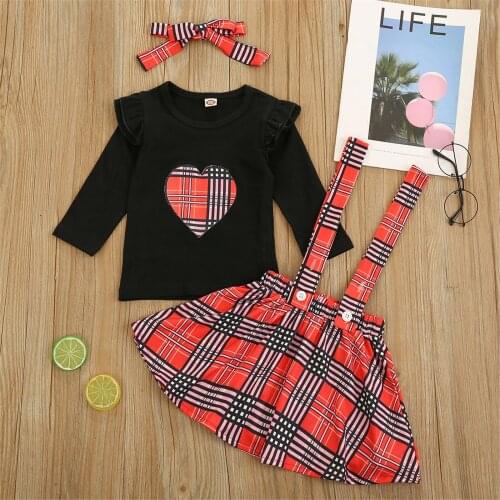 Girl’s Skirt Three Piece Suit Fashion Heart Long Sleeve T-shirt Plaid Suspender Skirt and Headband