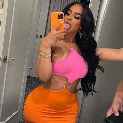 SKMY Dresses For Women Party Spring And Summer New Fashion Color Patchwork Sling Sexy Hollow Out Casual Dress Club Outfits