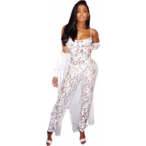 White Lace Floral Sheer Skinny Club Overalls Sexy Spaghetti Strap Sleeveless Back Zipper Long Jumpsuit Women Macacao De Renda