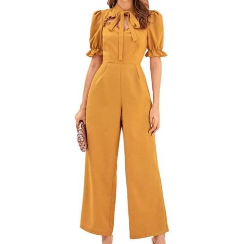 Womens High Waist Jumpsuit 2021Summer New Short-Sleev Solid Color Chiffon Jumpsuit Casual Loose Holiday Jumpsuit Wide-Leg Pants