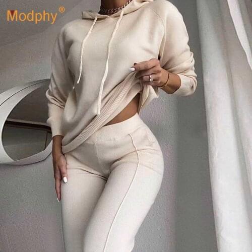 Knit 2 Piece Set Tracksuits Autumn Winter Basic Women Hooded pullover Sweater + Carrot Harem Pants Homewear trousers Suit Female