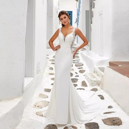 Vestidos De Novia Satin Mermaid Wedding Dress V-Neck Sexy Trouwjurk Off the Shoulder Suknia Slubna Illusion Back Robe Mariee